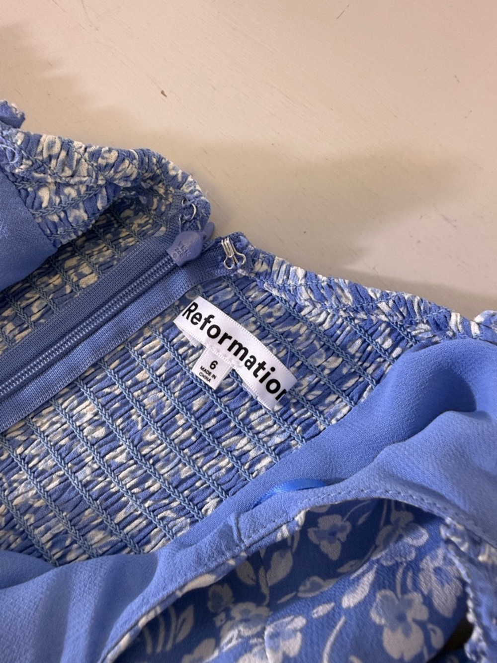 Reformation Marby Dress Blue Floral Asymmetrical Midi Puff Sleeve Size 6 - Picture 13 of 15